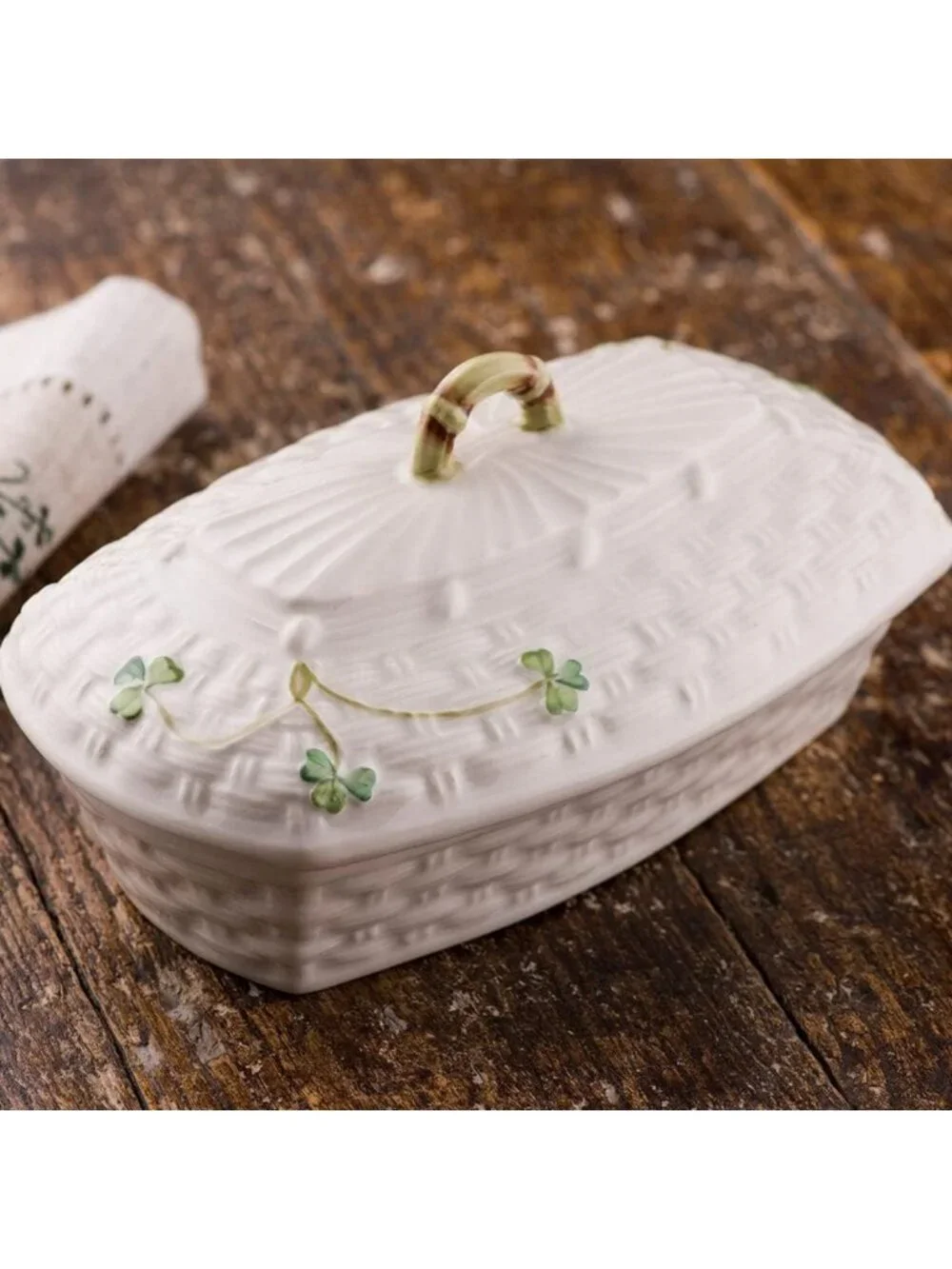 Handcrafted Irish Porcelain Butter Dish, Painted Shamrock Design, Covered Keeper